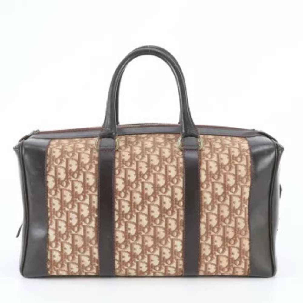 Christian Dior Trotter Canvas Leather Boston Bag Business Trip Travel Tote Brown